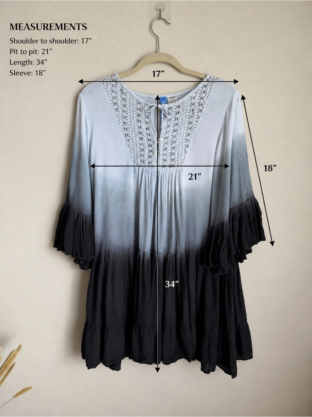 Isle By Melis Blue Ombre Crochet Trim Boho Swing Dress Size S Rayon Beachy - Picture 2 of 11